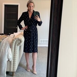 Ann Taylor navy dot dress knee length, long sleeve dress for work, size small